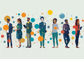 Global Business Network Illustration with Diverse Team Connected by Dots, Minimalistic Vector Art Depicting Business Networking Across Cultures and Professions, Modern Corporate Connectivity Theme