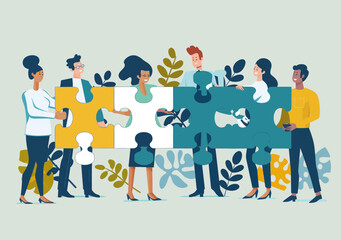 Collaborative Teamwork Concept with People Holding Puzzle Pieces Solving Problems for Effective Business Solutions, Minimalistic Vector Illustration