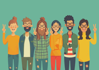 Diverse Team Celebrating Success with OK Hand Gestures and Joyful Expressions, Minimal Vector Illustration