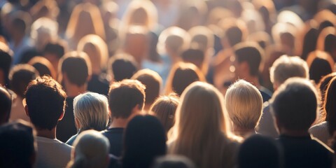 Atmospheric photo of a large crowd of people walking through a city street during sunset. The image is captured from behind, with the soft, golden light. defocus