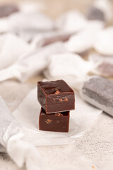 Toffee made of bitter chocolate with coffee beans, handmade