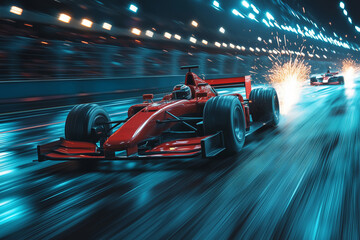 Dynamic duel of red racing cars speeding through illuminated track at night