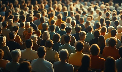 large group of people listening to a lecture or instructions, fictitious happening, Generative AI