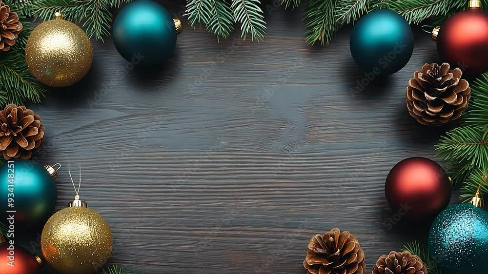 Aufkleber christmas ornaments and fir tree branches creating a frame on dark rustic wooden background with cop