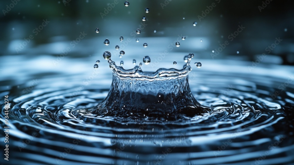 Poster Droplets leap from a serene surface, creating gentle waves that shimmer under soft light, capturing the elegance of water in motion