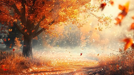 Autumn scene, orange leaves, natural background-