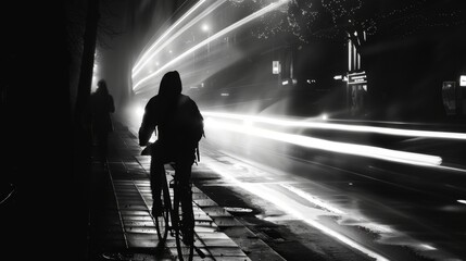 Black and white blurred motion image of a cyclist riding through a city at night, with light streaks capturing the speed and energy