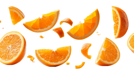 set of floated slices of orange falling isolate on withe background
