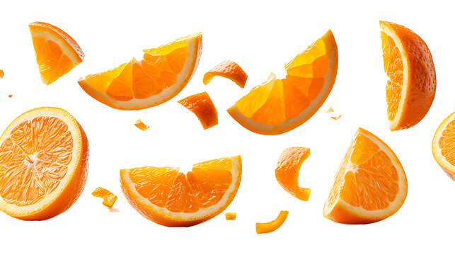set of floated slices of orange falling isolate on withe background
