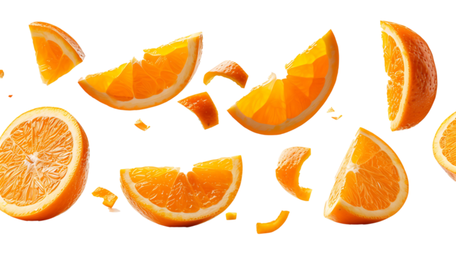 set of floated slices of orange falling isolate on withe background