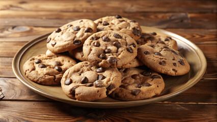 A plate of homemade cookies with chocolate chips on a wooden table