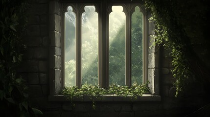 Fototapeta premium A stone window with a view of a lush forest and cloudy sky with green vines and flowers growing around it.