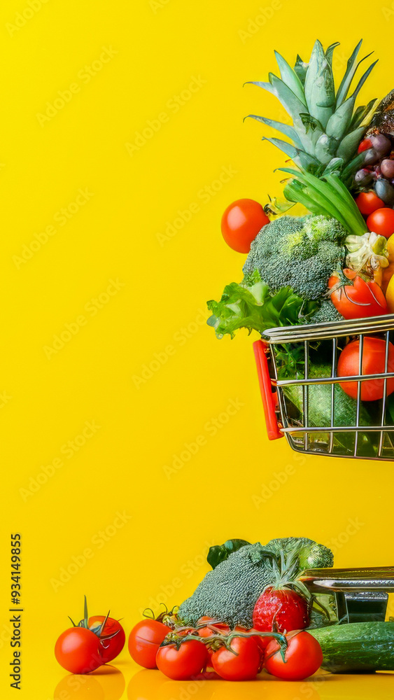 Poster a visually appealing 3d rendering of a shopping cart filled with an assortment of grocery items, inc