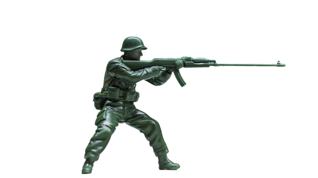  Full body green toy soldier aiming with a rifle on withe background - Powered by Adobe