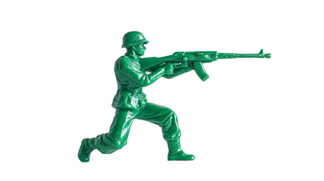  Full body green toy soldier aiming with a rifle on withe background