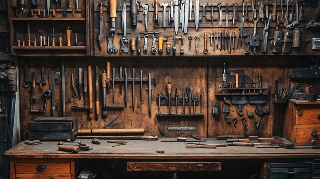 Tools and equipment used by a millwright arranged neatly on a workbench, showcasing a variety of instruments