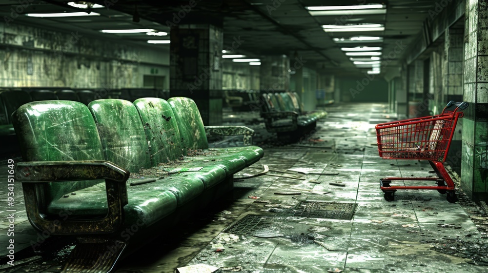 Poster an evocative concept art portraying a supermarket aisle with an empty red shopping cart standing idl