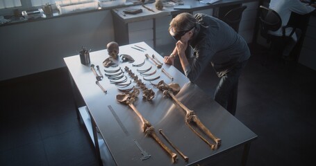 Archaeological laboratory: High angle of mature archaeologist in AR headset studying remains of...