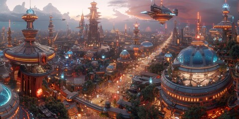 An immersive 360-degree equirectangular panorama of the bustling alien metropolis, with towering spires and bio-luminescent architecture, strange vehicles