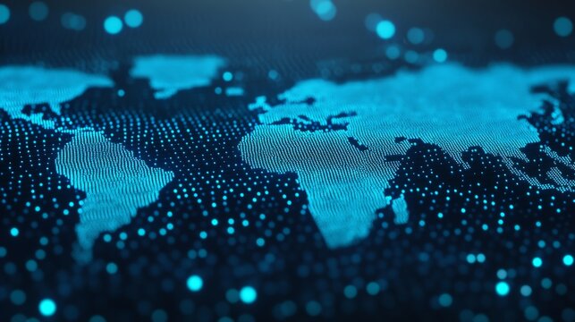 Futuristic Blue Digital World Map with Global Network Connection Dots