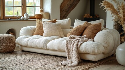 A comfortable living room with a plush, overstuffed sofa with soft, inviting pillows and a matching armchair