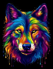 Colorful illustration of a wolf with vibrant hues and paint drips against a black background