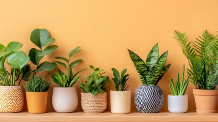 Fototapeta premium Indoor Plants on a Wooden Shelf with Yellow Background