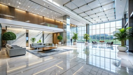 Modern corporate lobby with sleek white marble floors, minimalist decor, and a spacious open area bathed in natural light pouring through floor-to-ceiling windows.