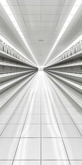 Obraz premium Empty Supermarket Aisle with White Tile Floor and Shelves
