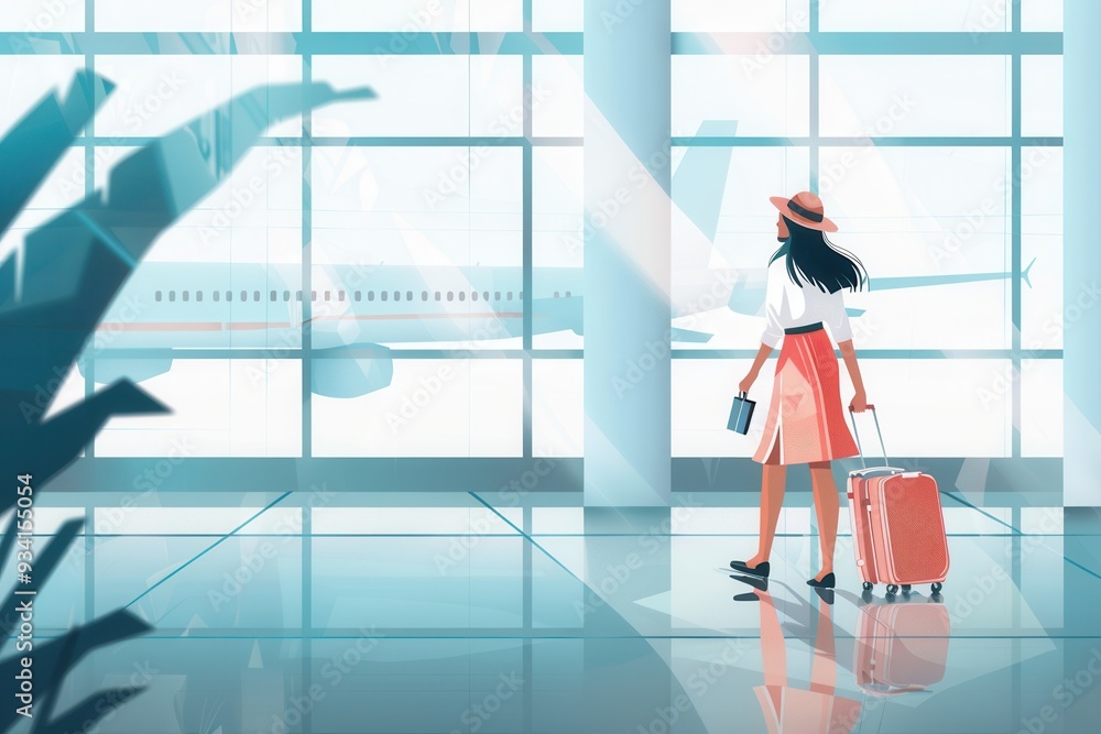 Poster a flight attendant carries her suitcase, walking through a sunlit terminal, ready for her next fligh