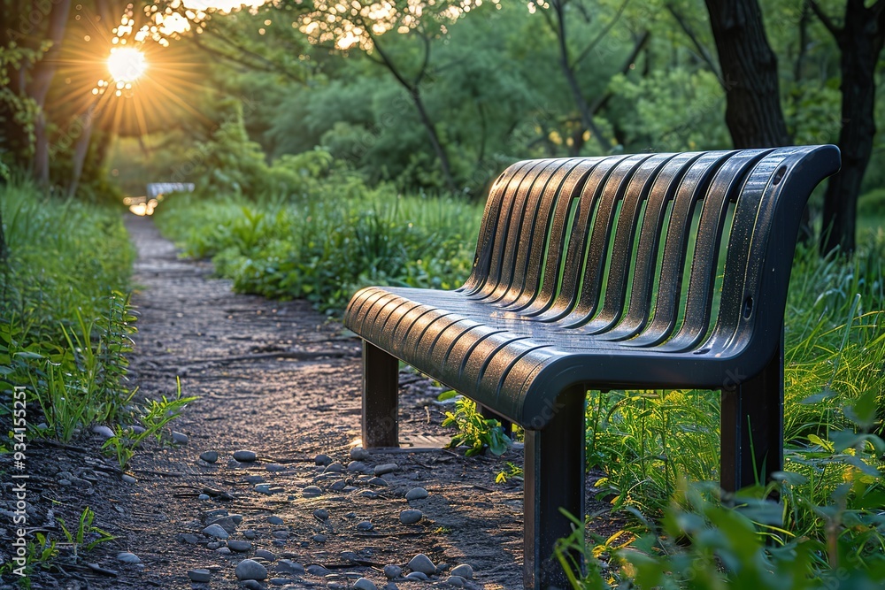 Poster a park bench is empty and surrounded by trees