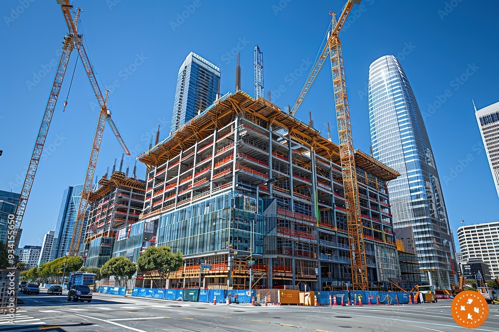 Poster a construction site with cranes and scaffolding in front of a large building