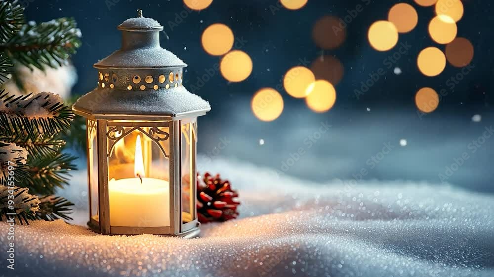 Poster snow-covered lantern with a burning candle inside sits on a snowbank with a fir tree branch and pine