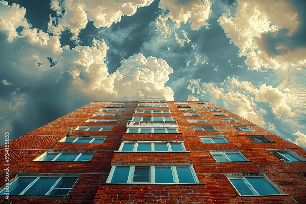 Poster a tall brick building with many windows and a cloudy sky in the background
