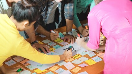 Close up of developer team using mind map to brainstorm idea. Top view of skilled group of business people working together writing marketing strategy by using markers and sticky notes. Symposium.