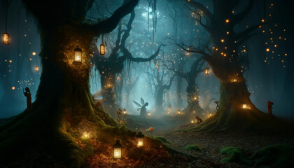Obraz premium A forest with many trees and lanterns hanging from them