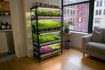 Indoor Urban Garden with Hydroponic Shelf System in Modern Apartment