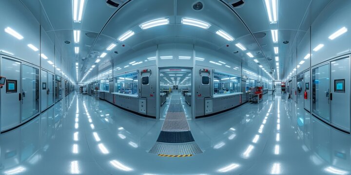 An immersive 360-degree panorama of a state-of-the-art semiconductor fabrication facility, where precision machinery and cleanroom environments converge to