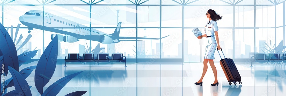 Poster a flight attendant carries her suitcase while walking through an airport terminal, with an airplane 