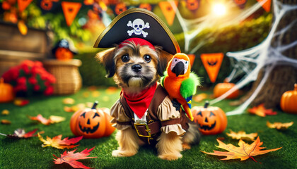 A small dog dressed in a pirate costume is standing in front of a tree with a parrot perched on its shoulder. The scene is set in a yard with pumpkins scattered around, creating a festive atmosphere