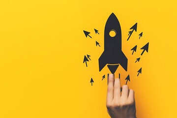 A hand pointing towards a rocket illustration with arrows on a bright yellow background.