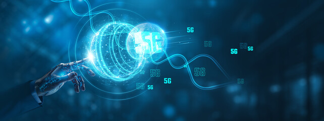 Businessman hand touching 5G global network. High-speed and network connection on digital interface, seamless communication, cutting-edge technology and innovation concept.