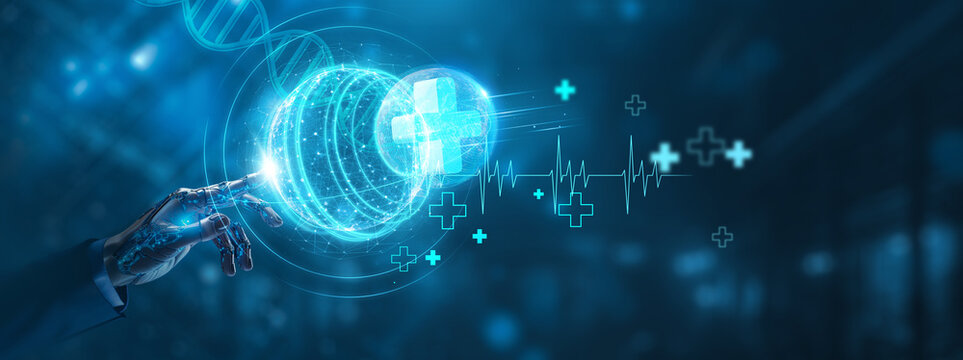 Businessman Hand touching medical global network. healthcare and network connection on Digital interface, . DNA, medical technology and innovation concept. - Powered by Adobe