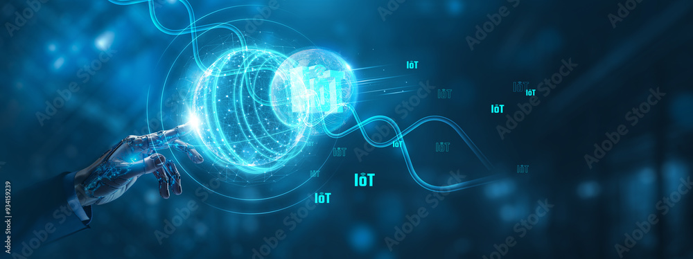 Poster businessman mechanical robotic hand touching iot global network. data exchange and network connectio