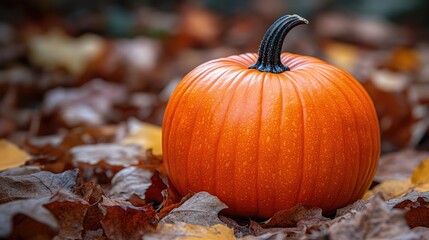 Orange pumpkin lies among autumn leaves. Autumn season conceptual background