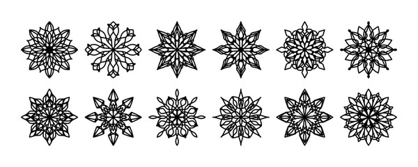 Set geometric line mandala illustrations. Vector black floral mandalas isolated on white background. Geometric patterned flower silhouette, simple ornaments star or snowflake for coloring books, pages
