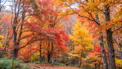 Fototapeta premium A vibrant autumn forest with trees displaying red, orange, and yellow Leaves