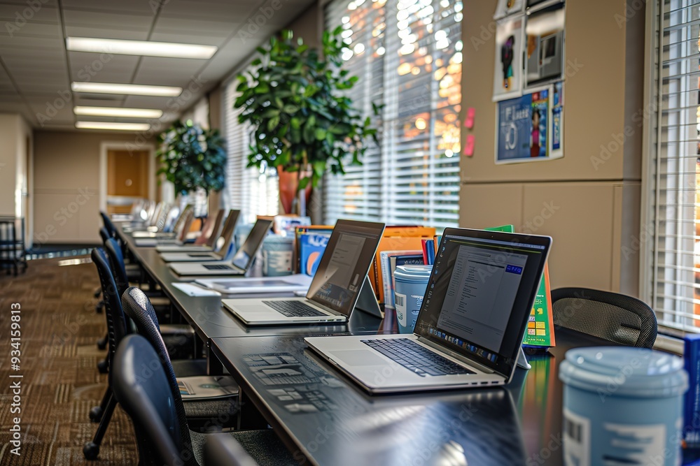 Poster a row of laptops are on a table in a room with a potted plant in the background