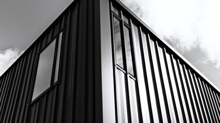 close-up of the exterior wall of a container house, showcasing the texture of the metal and the modern design elements