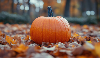 Orange pumpkin lies among autumn leaves. Autumn season conceptual background